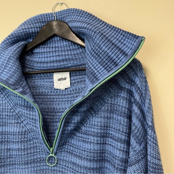 Aerie Oversized Wool Blend Cropped Stripe Sweater - Blue - Funnel Neck - Picture 5 of 13